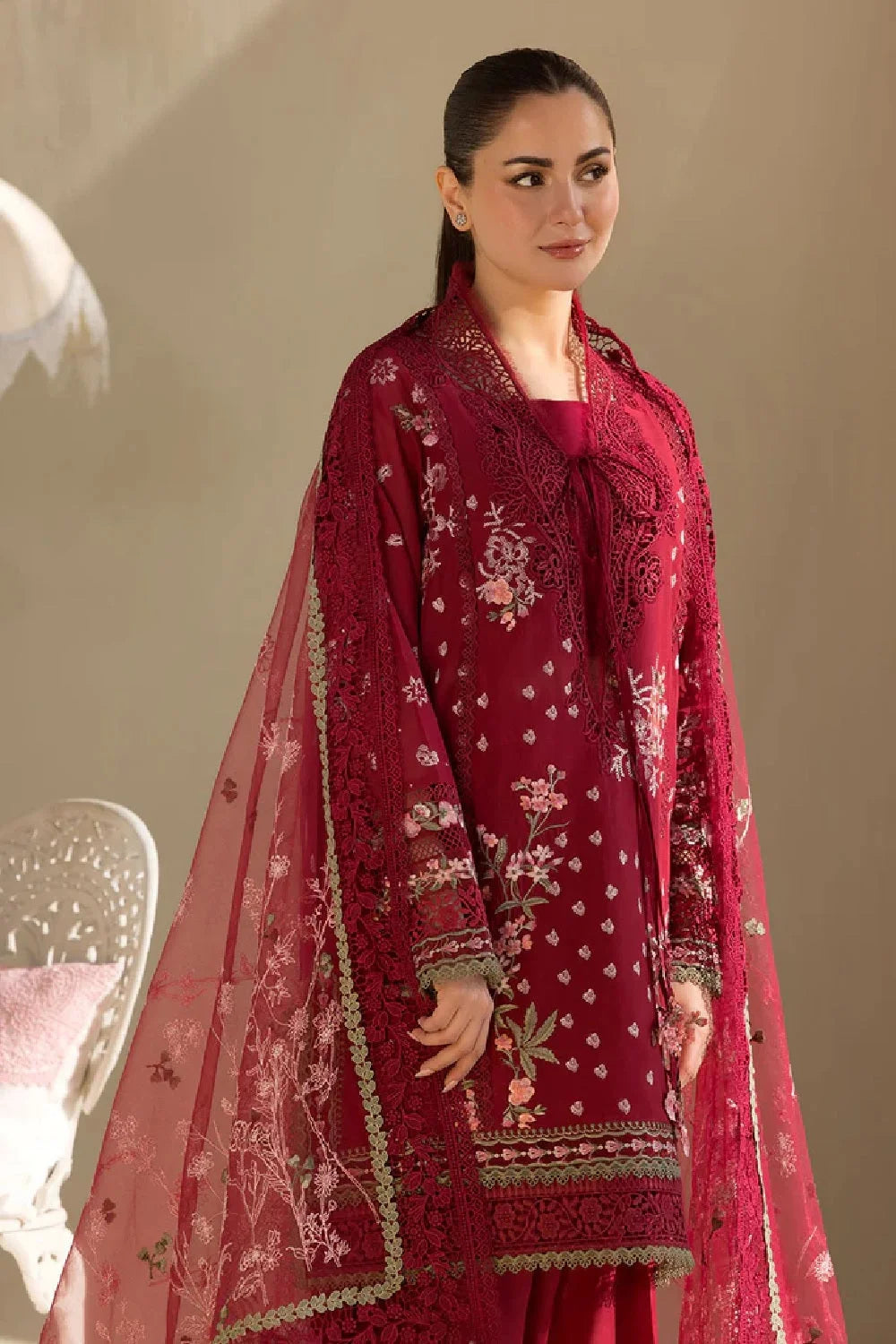 Red Heavy Embroidered Lawn Suit