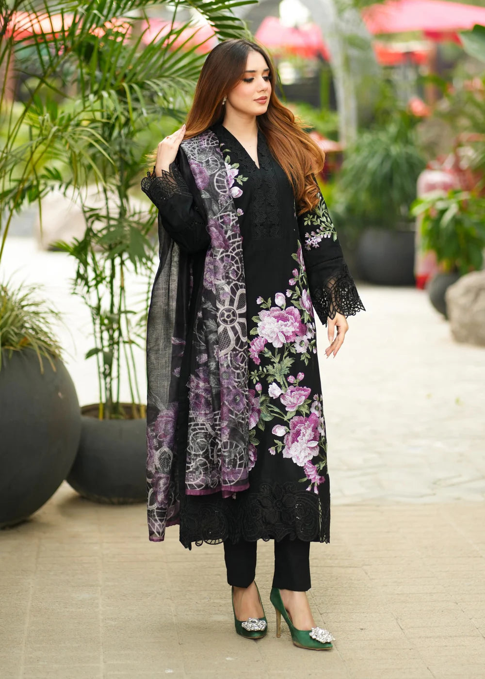 Black Embroidered Lawn Kurta Set with Dupatta