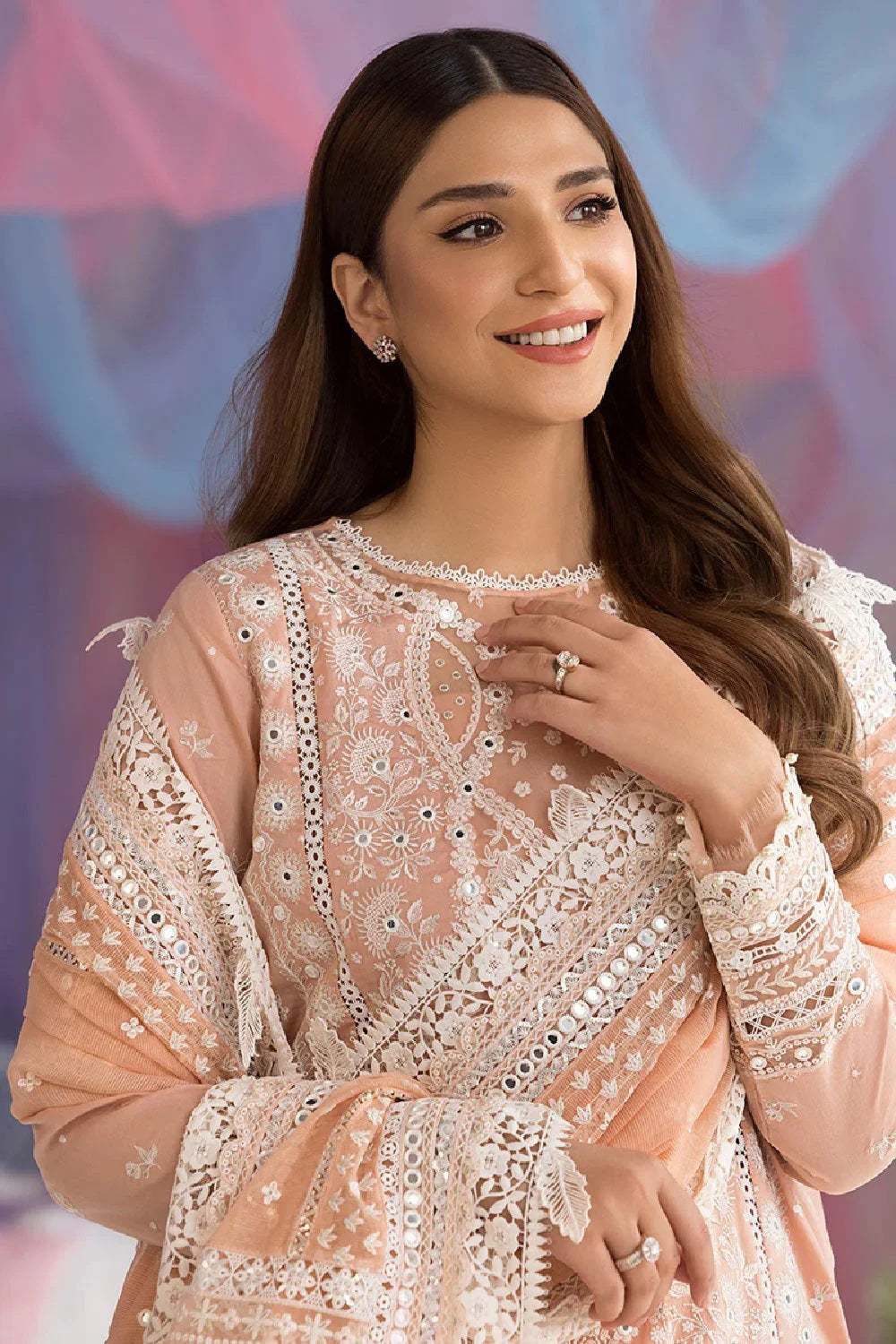 Peach Heavy Embroidered Lawn Suit with Sequins Work