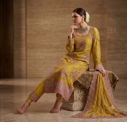 Mustard Hand Embellished Organza Suit