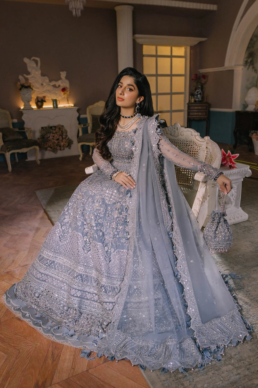 Ice Blue Hand Embellished Bridal Anarkali