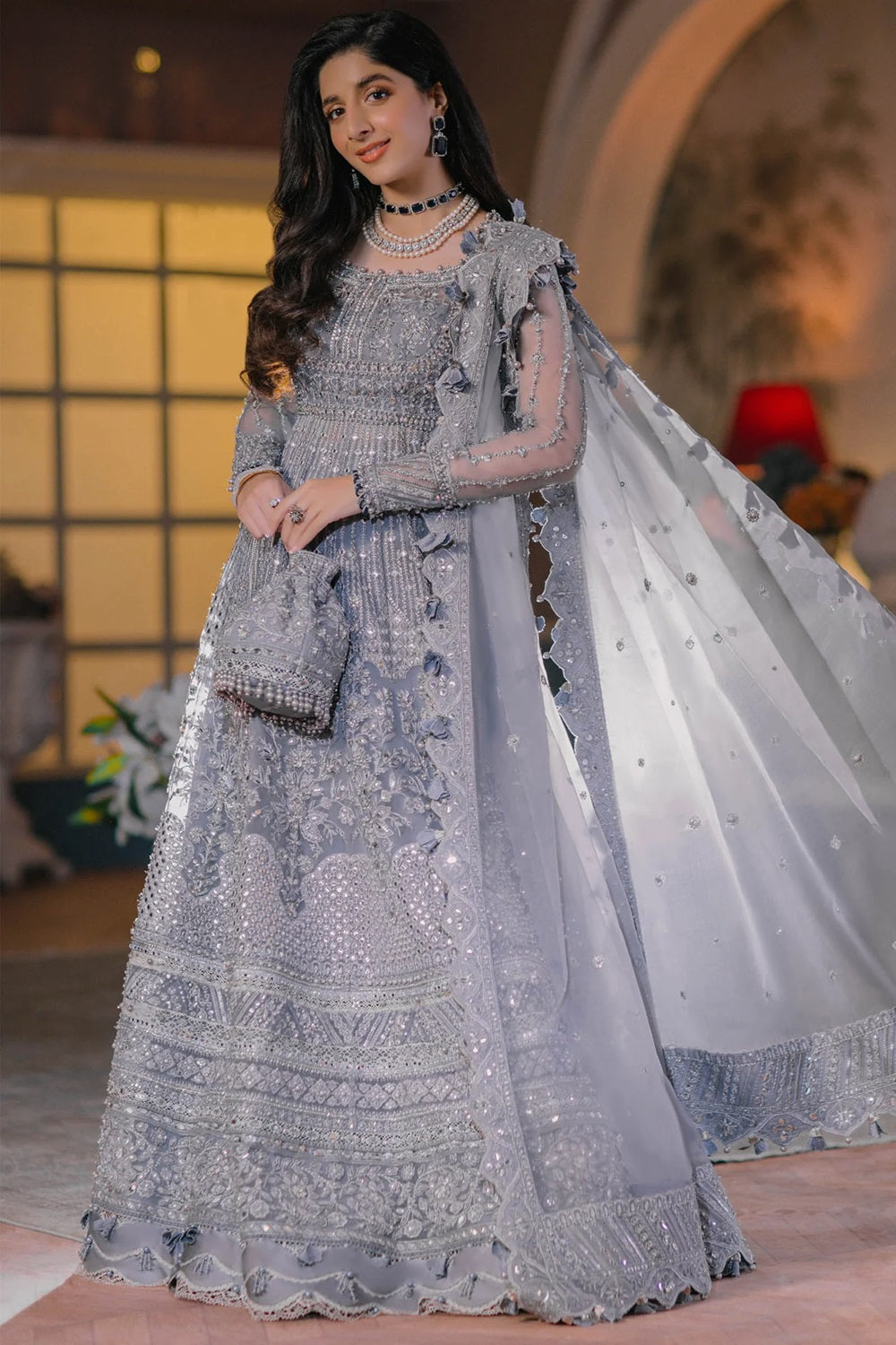 Ice Blue Hand Embellished Bridal Anarkali