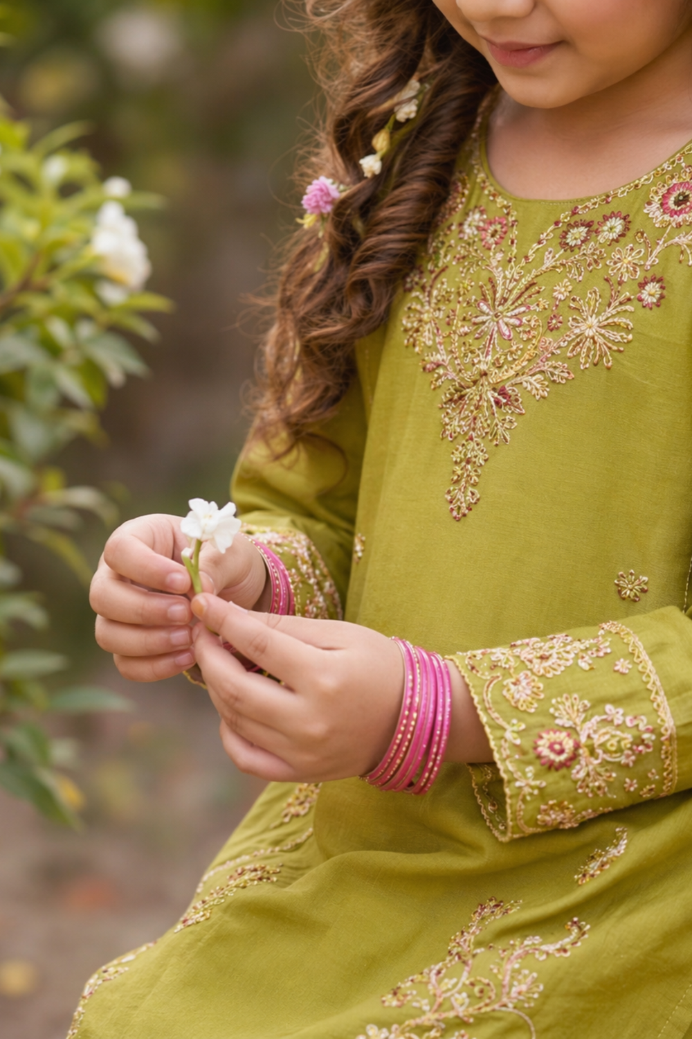 Herb Green Embroidered Cotton Kurta Set for Girls Online in Dubai UAE Abudhabi Ajman Sharjah
