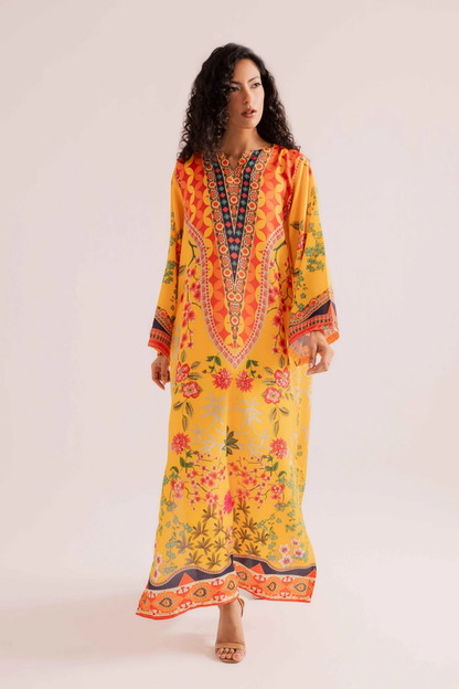 Honey Raw Silk Printed Kaftan Online in Dubai UAE Abudhabi Ajman Sharjah