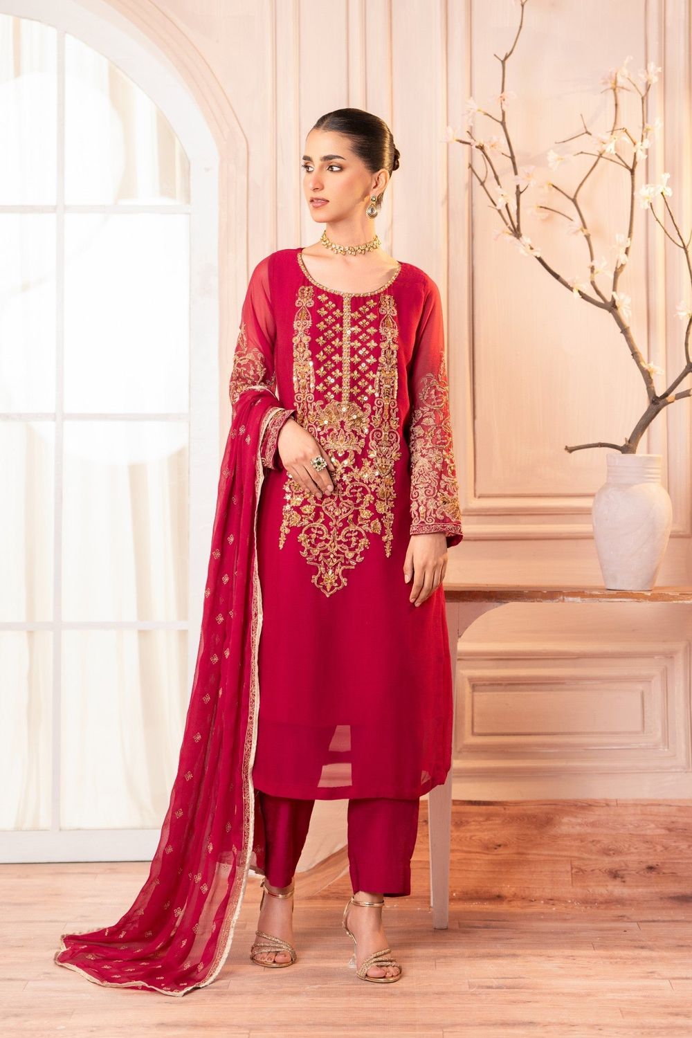 Hot Pink Adda Work Chiffon Suit Online in Dubai UAE Abudhabi Ajman Sharjah