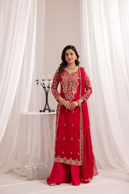 Hot Pink Embroidered Bemberg Crinkle Chiffon Sharara Set Online in Dubai UAE Abudhabi Ajman Sharjah