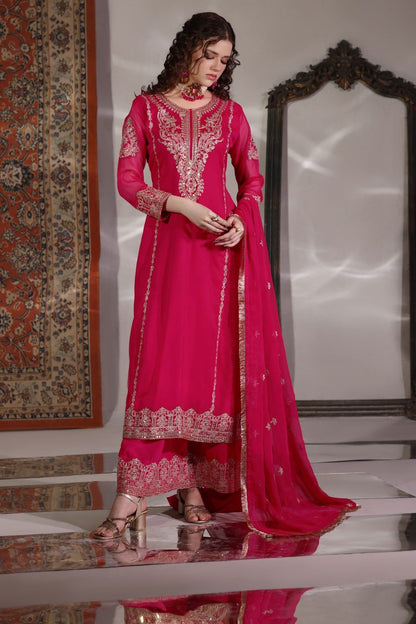 Hot Pink Embroidered Chiffon Partywear Suit Online in Dubai UAE Abudhabi Ajman Sharjah