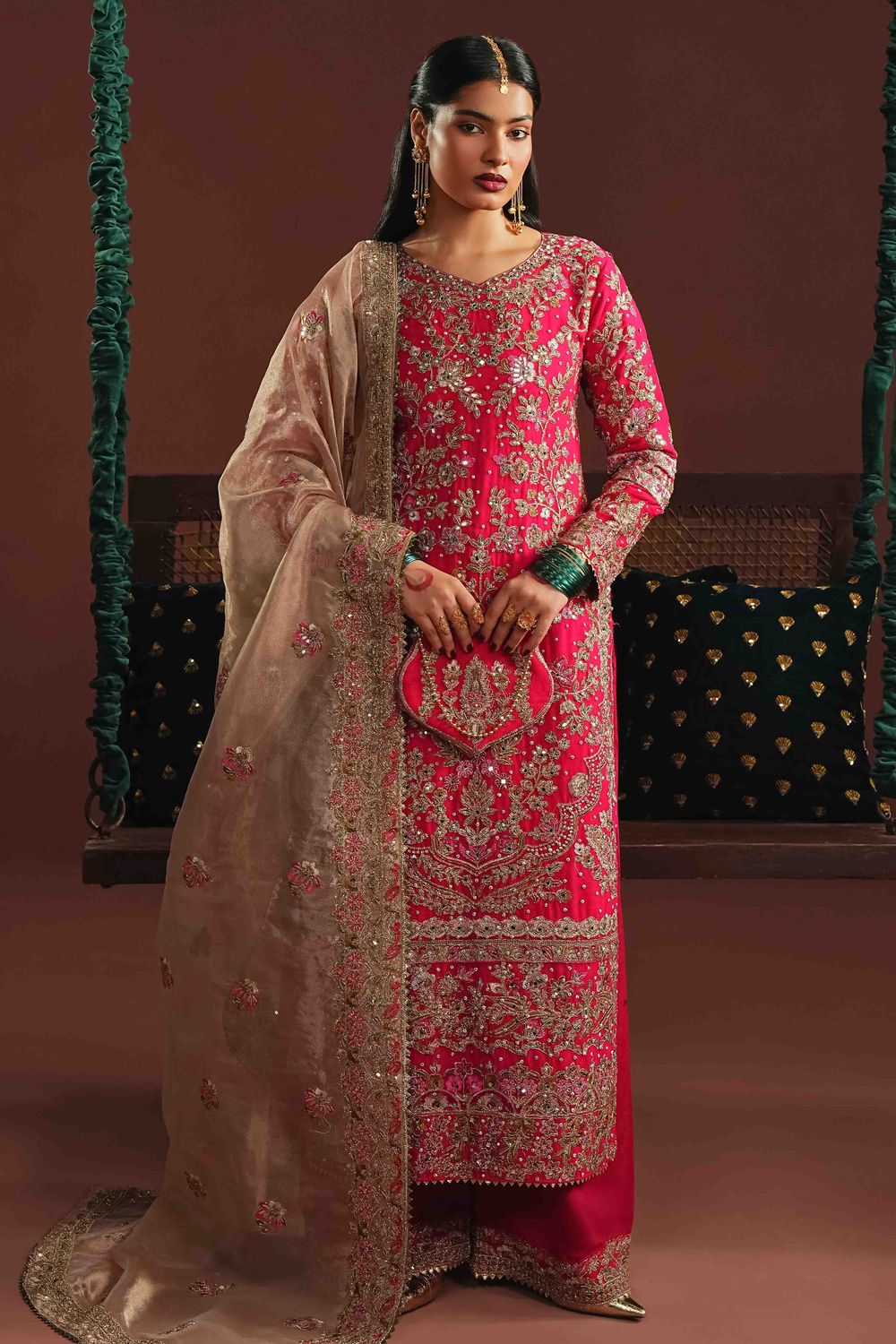 Hot Pink Embroidered Chiffon Partywear Suit Online in Dubai UAE Abudhabi Ajman Sharjah
