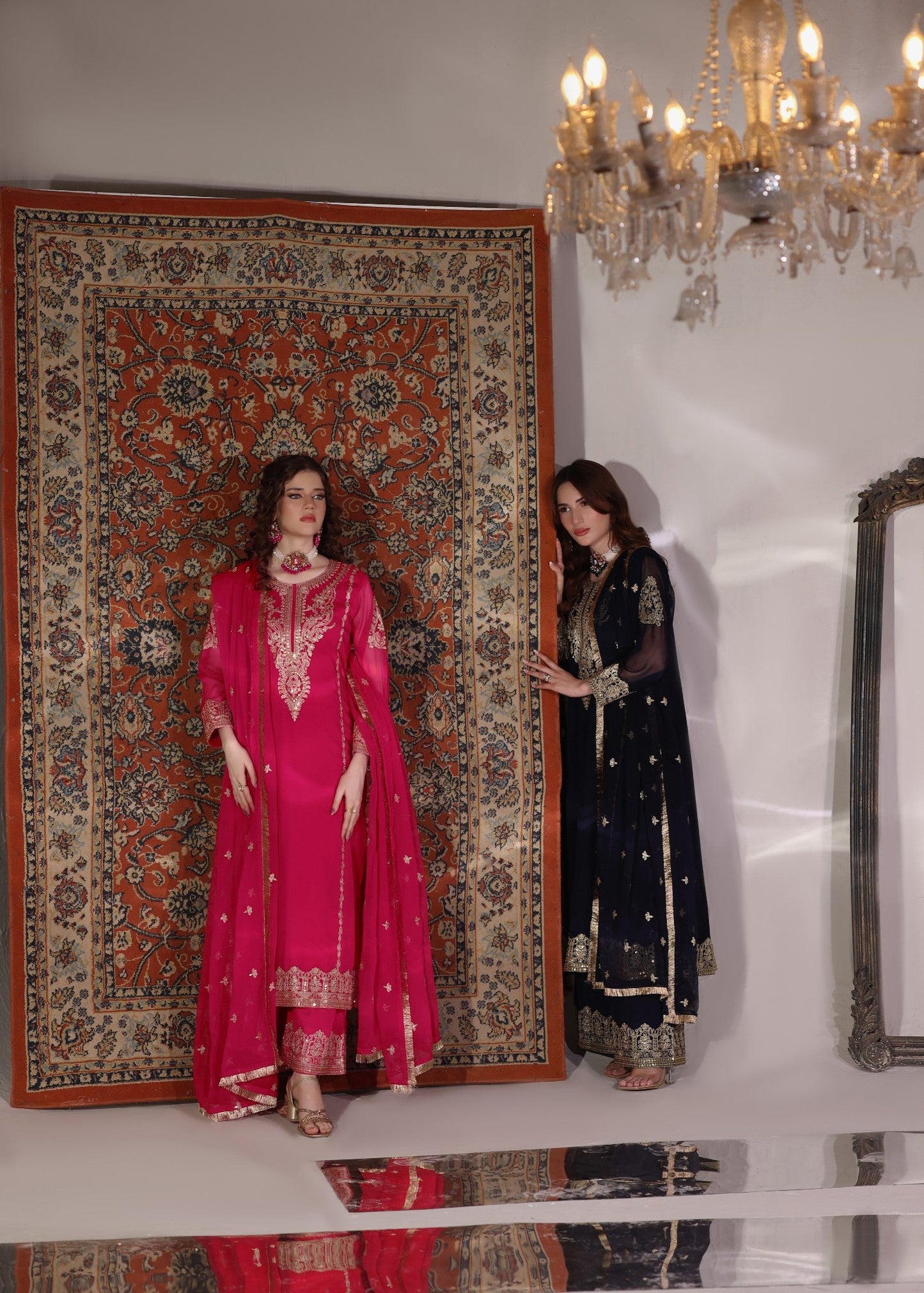 Hot Pink Embroidered Chiffon Plazzo Suit Online in Dubai UAE Abudhabi Ajman Sharjah