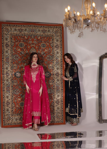 Hot Pink Embroidered Chiffon Plazzo Suit Online in Dubai UAE Abudhabi Ajman Sharjah
