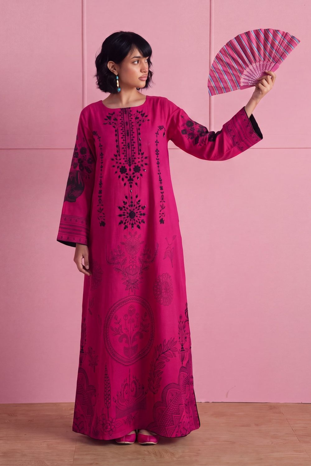 Hot Pink Embroidered Lawn Kaftan Online in Dubai UAE Abudhabi Ajman Sharjah