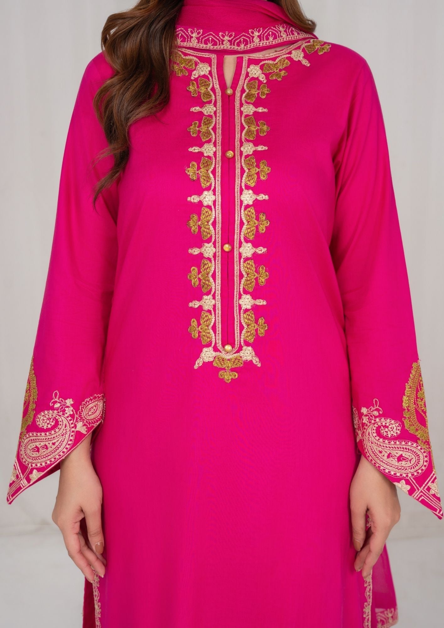Hot Pink Embroidered Lawn Kurta Set Online in Sri Lanka India Australia