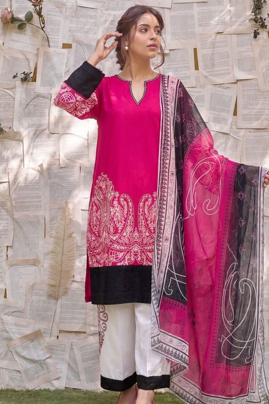 Hot Pink Embroidered Lawn Pakistani Suit Online in Dubai UAE Abudhabi Ajman Sharjah