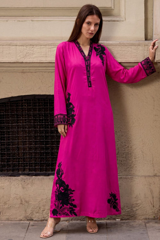 Hot Pink Embroidered Linen Kaftan Online in Dubai UAE Abudhabi Ajman Sharjah