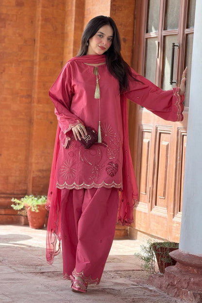 Hot Pink Embroidered Raw Silk Farshi Shalwar Online in Dubai UAE Abudhabi Ajman Sharjah