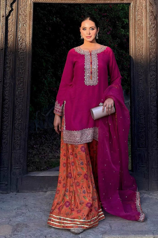 Hot Pink Embroidered Raw Silk Pakistani Suit Online in Dubai UAE Abudhabi Ajman Sharjah