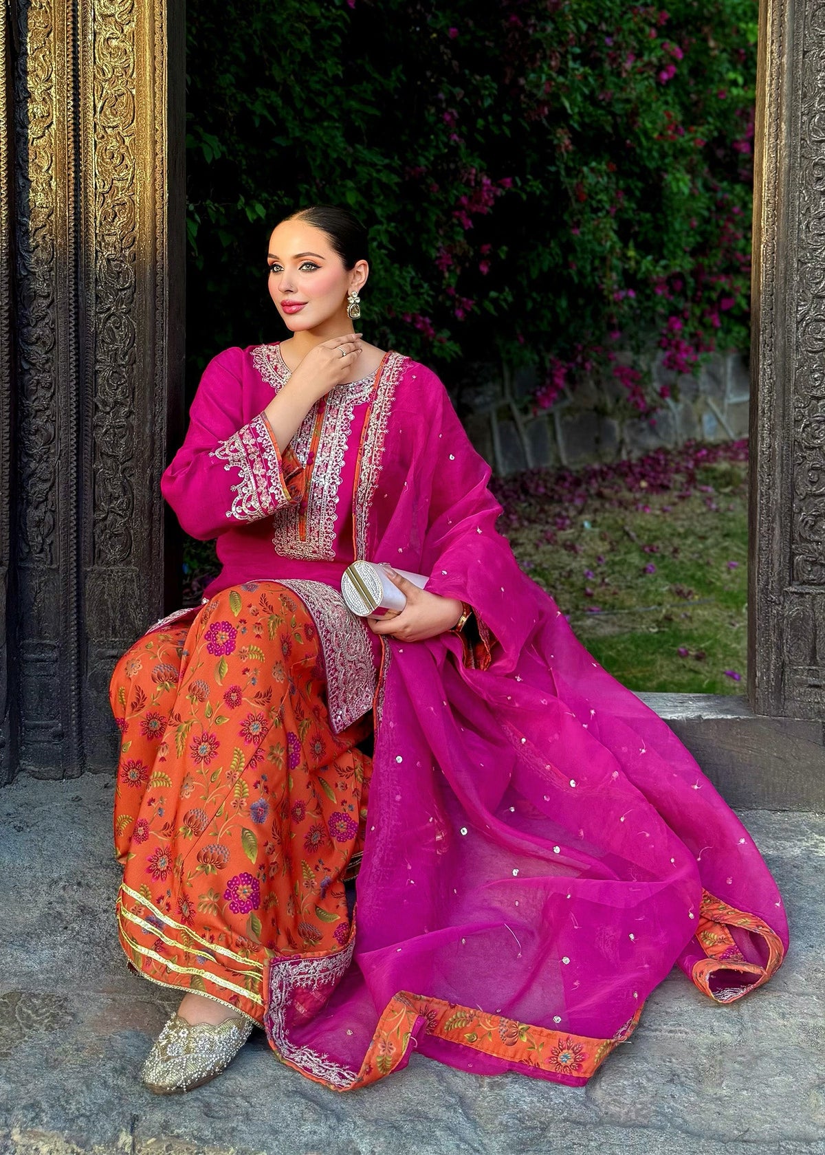 Hot Pink Embroidered Raw Silk Partywear Suit Online in Dubai DXB UAE Abudhabi Meena Bazaar