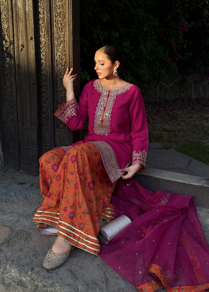 Hot Pink Embroidered Raw Silk Shalwar Kameez Online in UK USA Canada