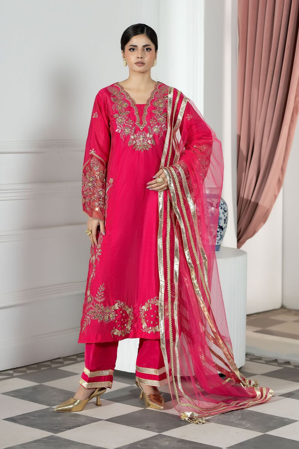 Hot Pink Embroidered Silk Straight Kurta Suit Online in Dubai UAE Abudhabi Ajman Sharjah
