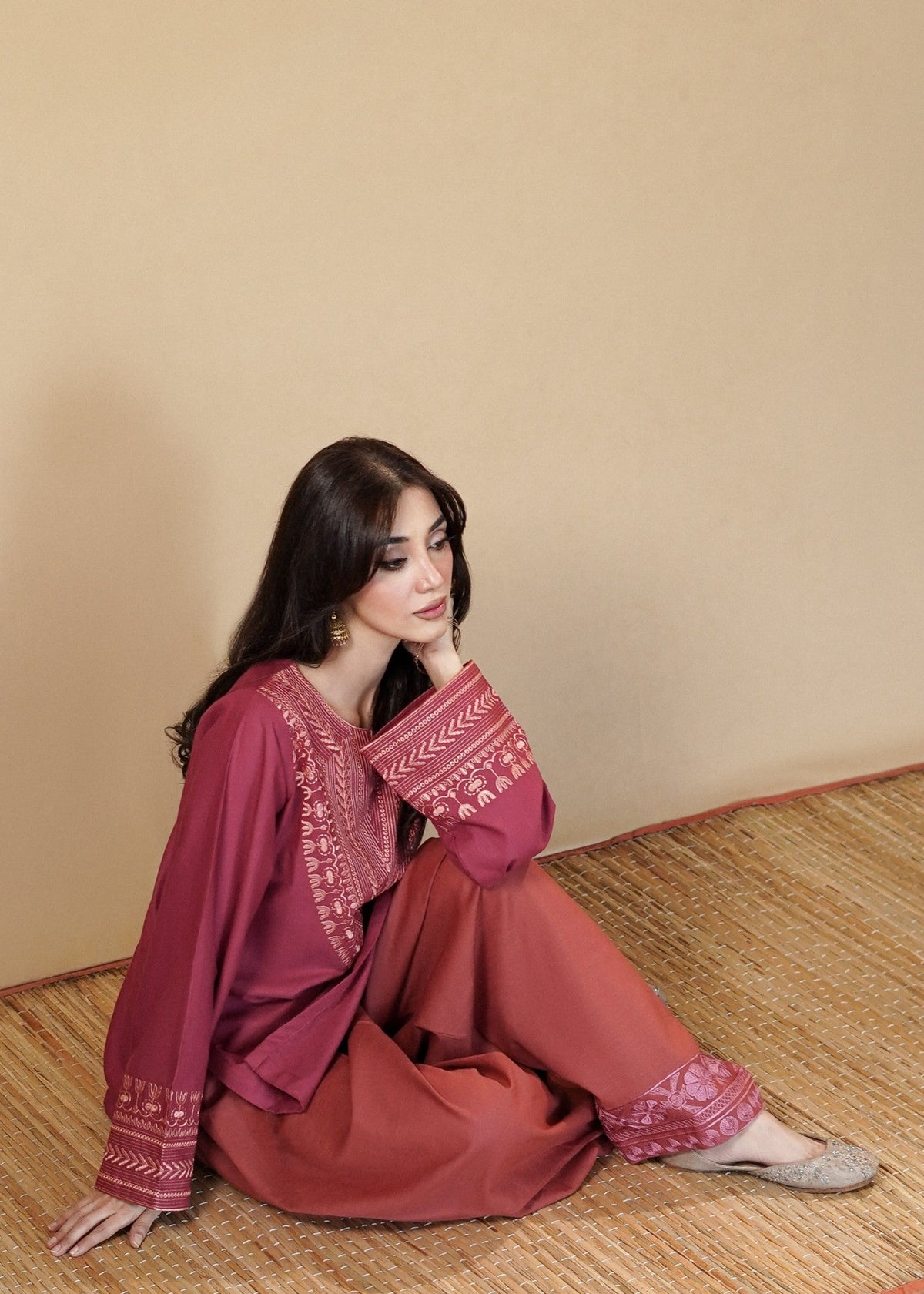 Hot Pink Embroidered Slub Khaddar Farshi Shalwar Online in Dubai DXB UAE Abudhabi Meena Bazaar