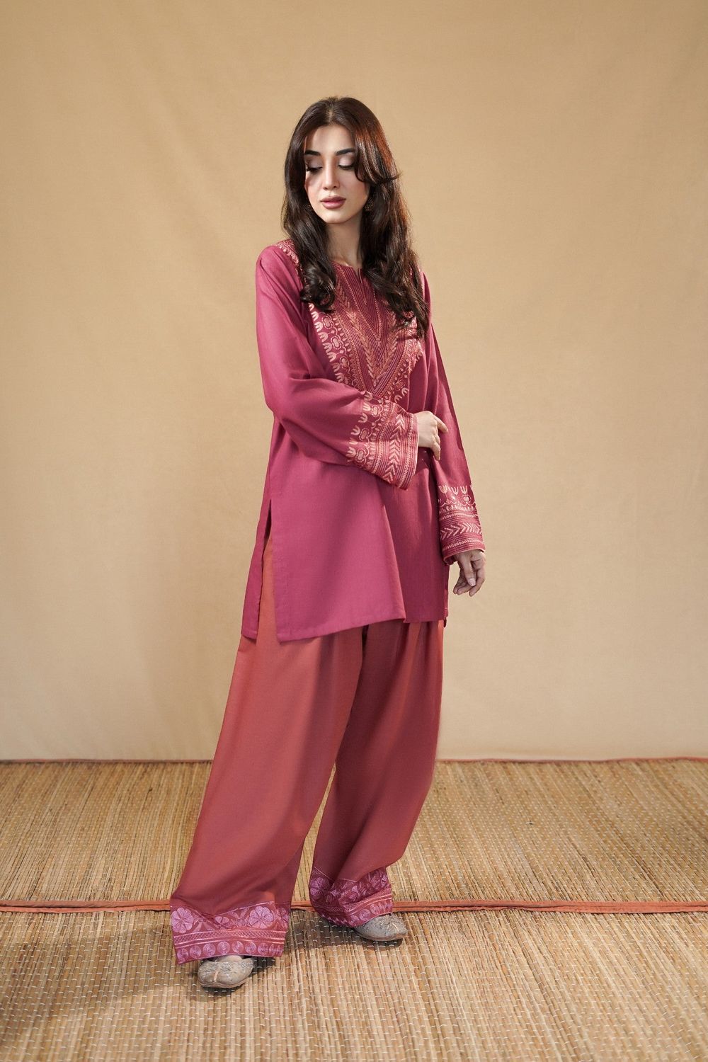 Hot Pink Embroidered Slub Khaddar Farshi Shalwar Online in Dubai UAE Abudhabi Ajman Sharjah