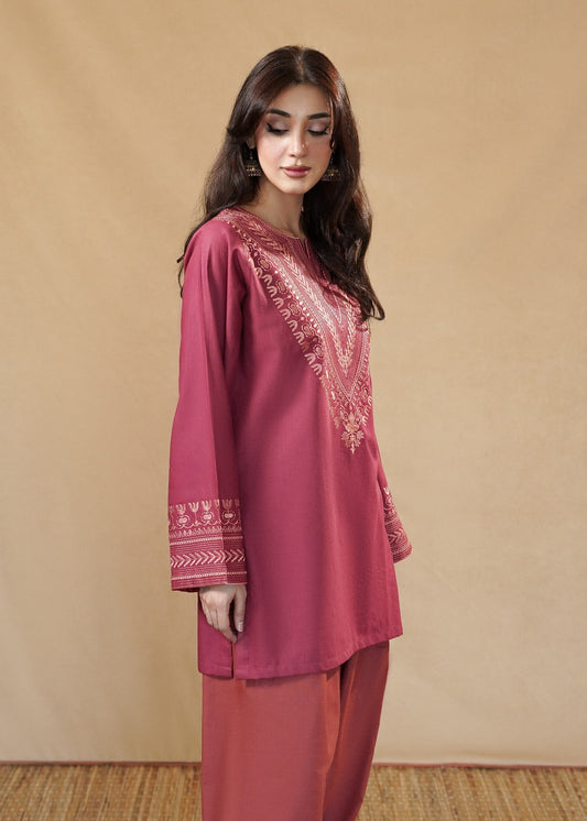 Hot Pink Embroidered Slub Khaddar Kurta Set Online in Dubai DXB UAE Abudhabi Meena Bazaar