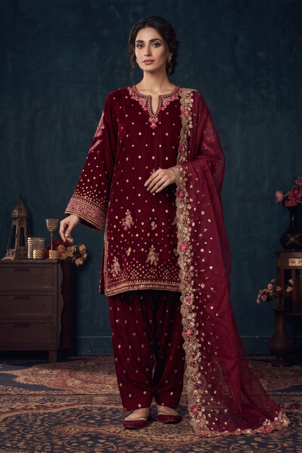 Hot Pink Embroidered Velvet Pakistani Suit Online in Dubai UAE Abudhabi Ajman Sharjah