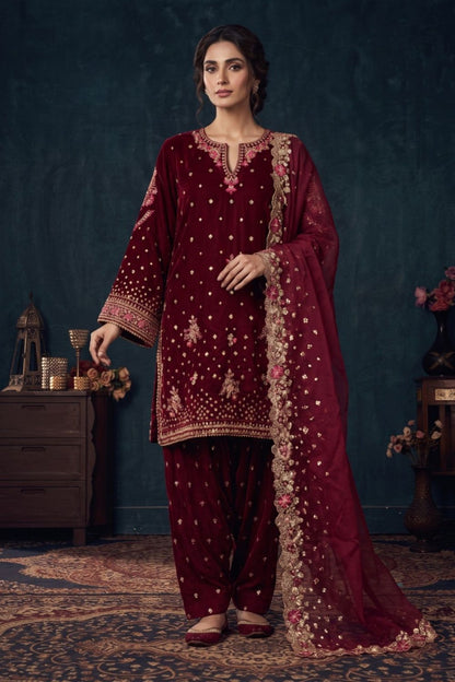 Hot Pink Embroidered Velvet Pakistani Suit Online in Dubai UAE Abudhabi Ajman Sharjah