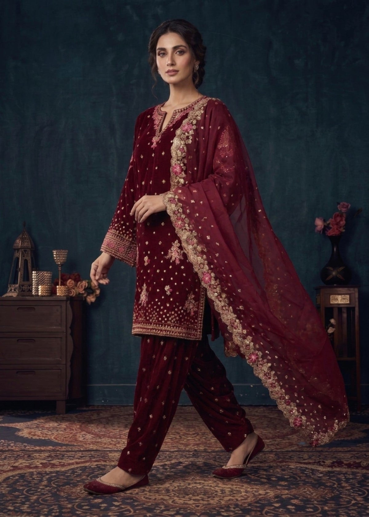 Hot Pink Embroidered Velvet Partywear Suit Online in Sri Lanka India Australia