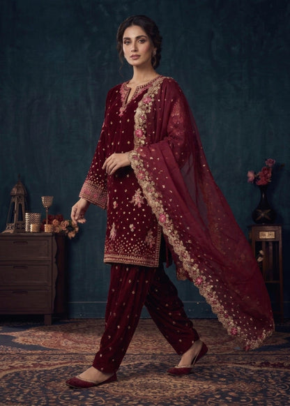 Hot Pink Embroidered Velvet Partywear Suit Online in Sri Lanka India Australia