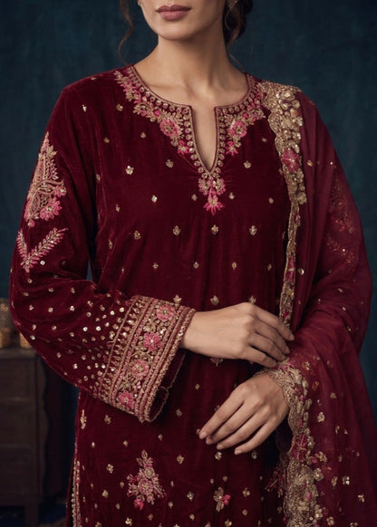 Hot Pink Embroidered Velvet Salwar Suit Online in Dubai UAE Abudhabi Ajman Sharjah