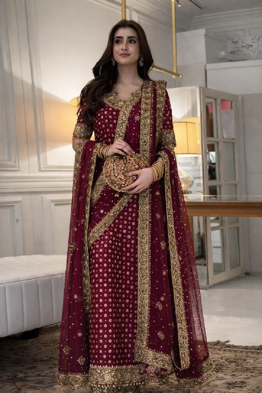 Hot Pink Hand Embellished Chiffon Wedding Suit Online in Dubai UAE Abudhabi Ajman Sharjah