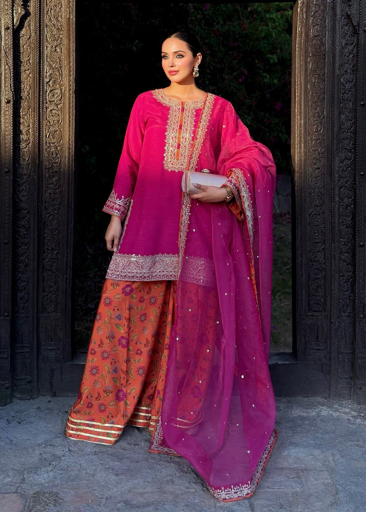 Hot Pink Raw Silk Embroidered Designer Salwar Suit Online in UK USA Canada