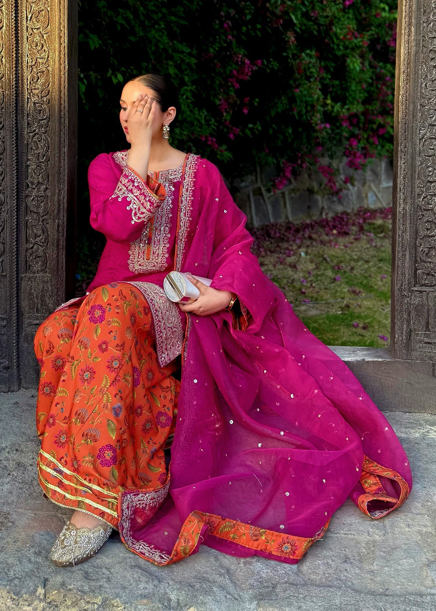 Hot Pink Raw Silk Embroidered Salwar Suit Online in Dubai UAE Abudhabi Ajman Sharjah