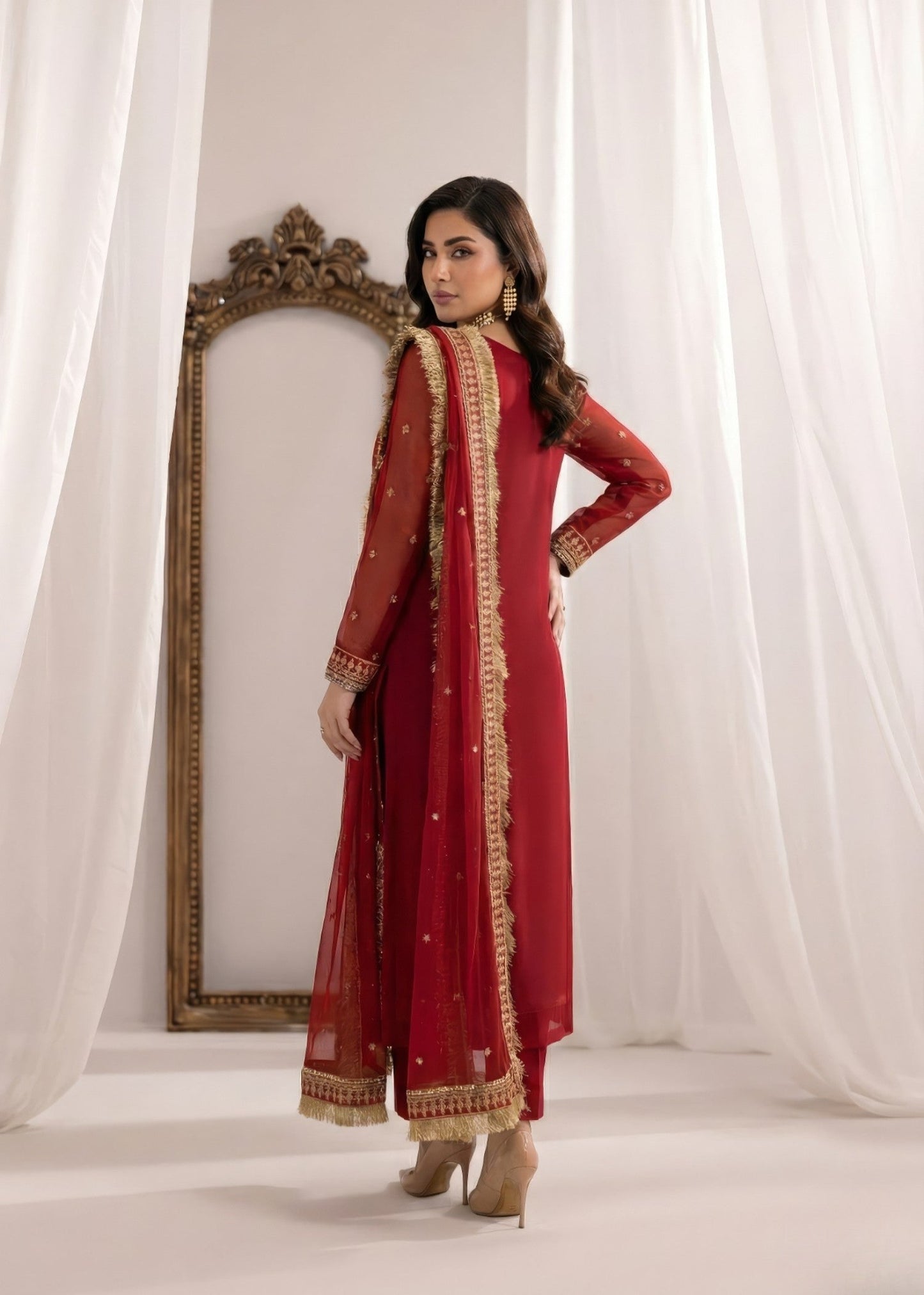 Hot Pink Red Bemberg Crinkle Chiffon Suit Online in Dubai DXB UAE Abudhabi Meena Bazaar