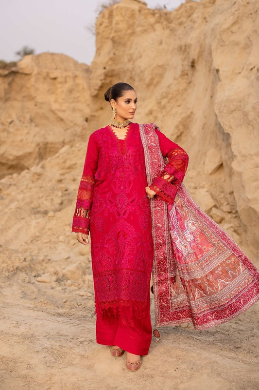Hot Pink Red Embroidered Raw Silk Farshi Shalwar Suit Online in Dubai UAE Abudhabi Ajman Sharjah