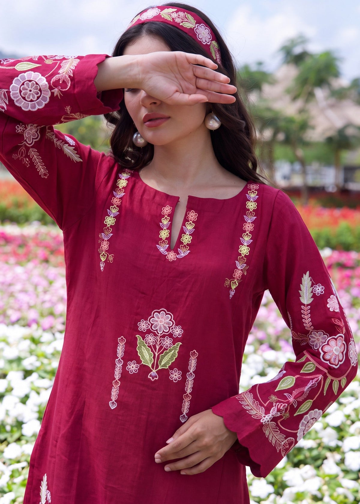 Hot Pink Red Embroidered Straight Cut Kaftan Online in UK USA Canada