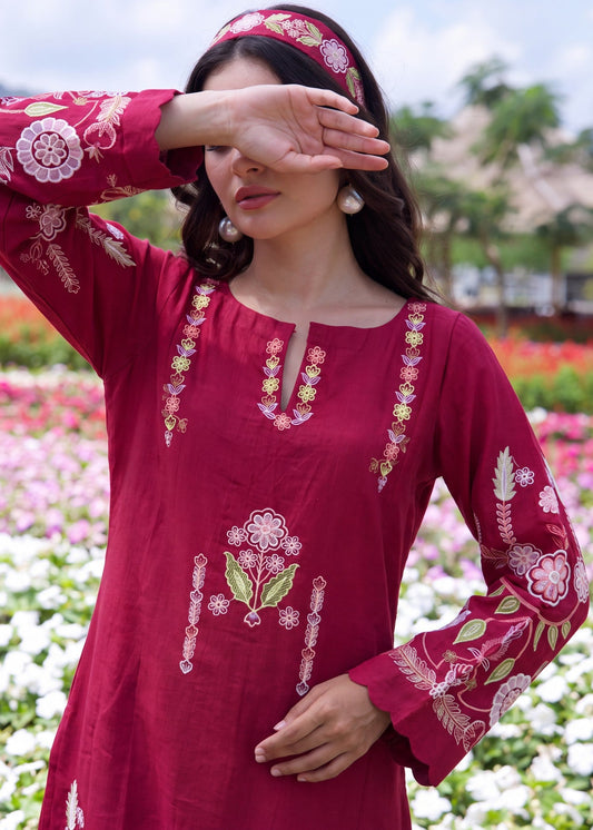 Hot Pink Red Embroidered Straight Cut Kaftan Online in UK USA Canada