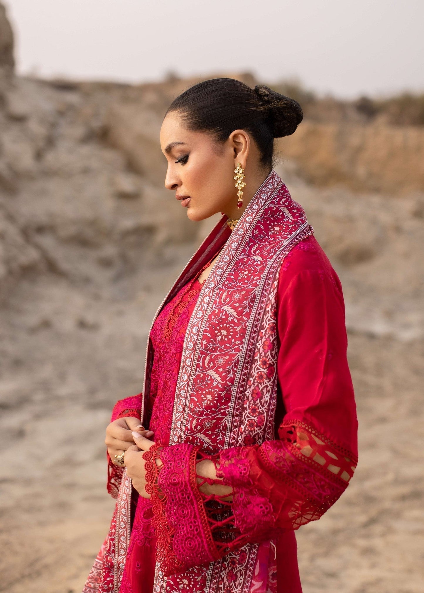 Hot Pink Red Raw Silk Partywear Suit Online in Dubai DXB UAE Abudhabi Meena Bazaar