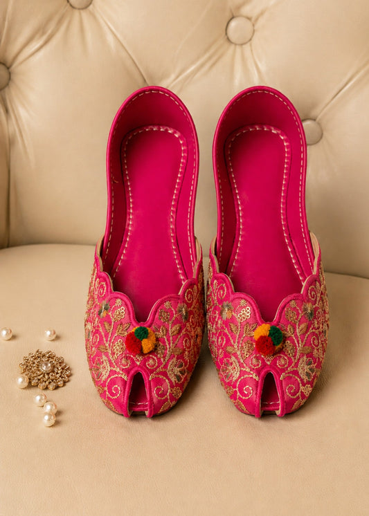Hot Pink Rexine Khussa with Multicolor Tassels Online in KSA Riyadh Saudi Arabia Oman Bahrain Qatar