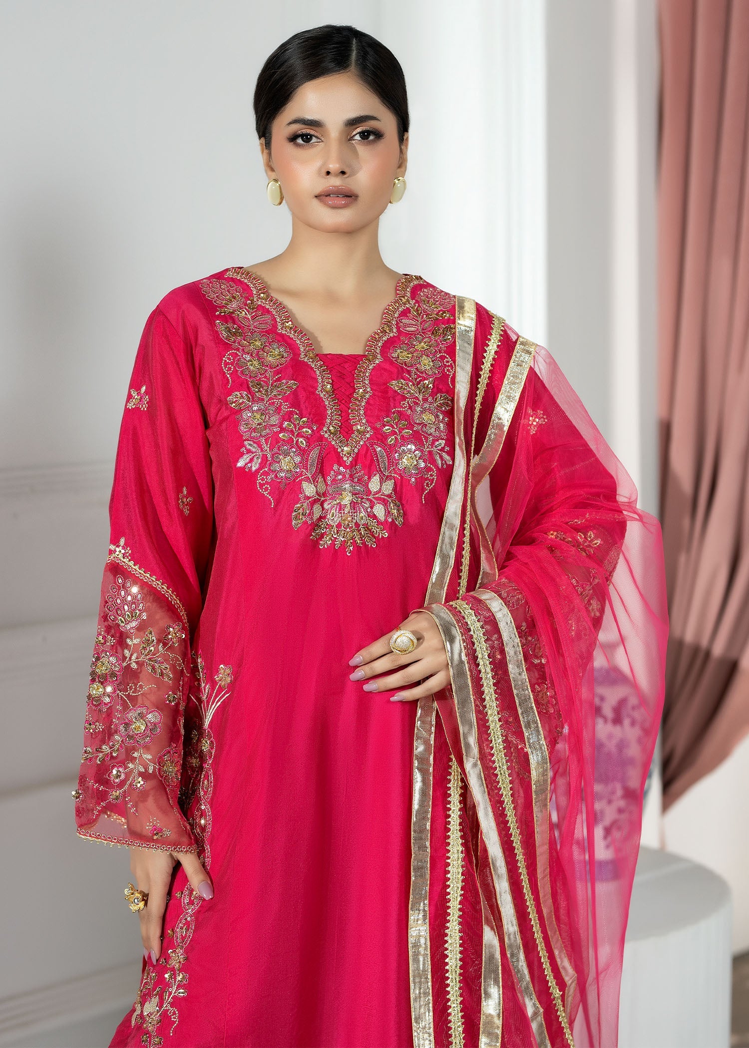 Hot Pink Silk Straight Cut Kurta with Flared Pants Online in Dubai UAE Abudhabi Ajman Sharjah