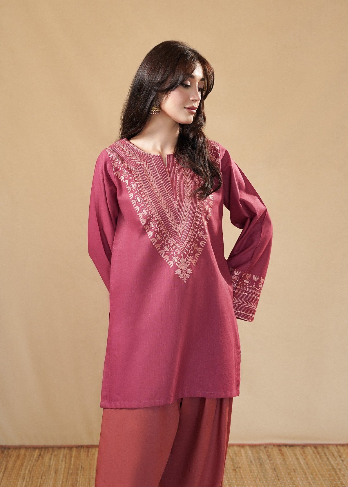 Hot Pink Slub Khaddar Embroidered Farshi Shalwar Online in Sri Lanka India Australia