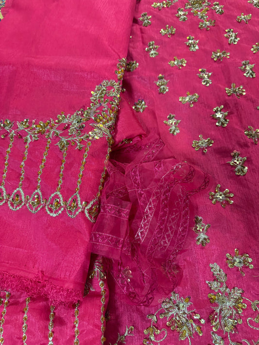 Hot Pink Hand Embellished Raw Silk Suit