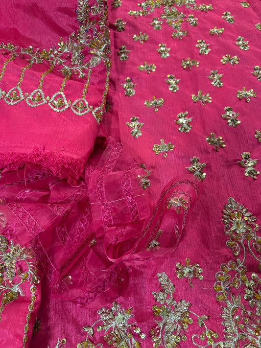 Hot Pink Hand Embellished Raw Silk Suit