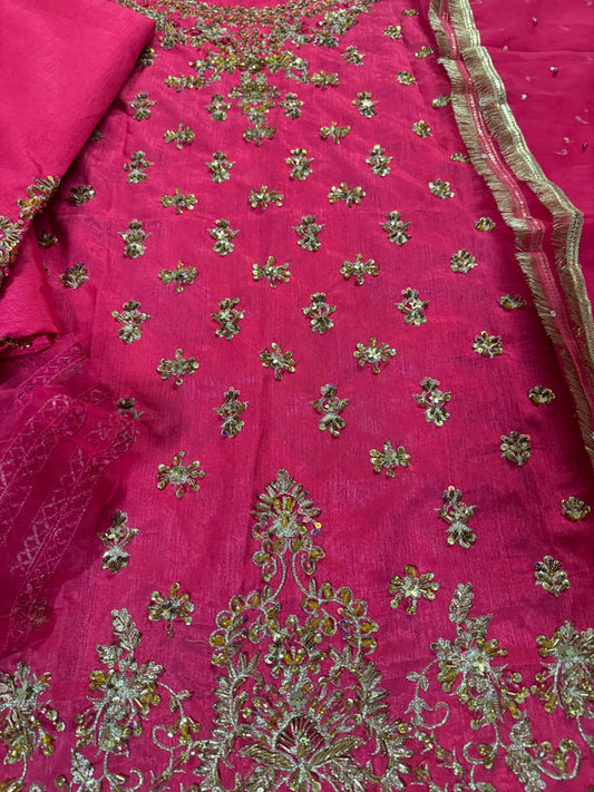 Hot Pink Hand Embellished Raw Silk Suit