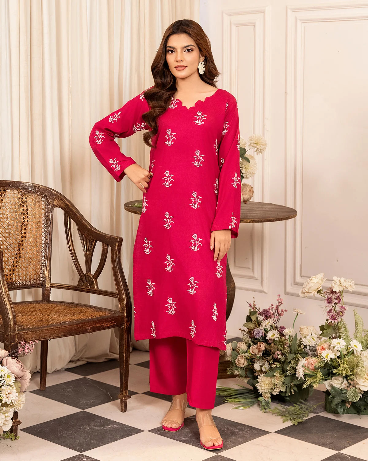 Shocking Pink Embroidered Cotton Kurta Set