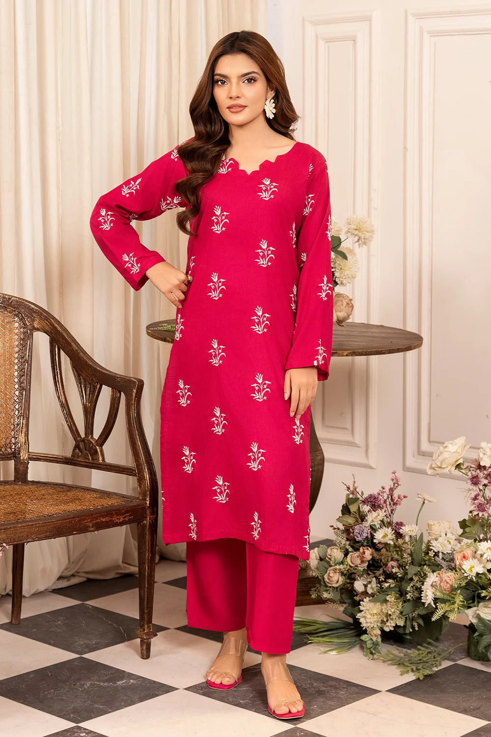 Shocking Pink Embroidered Cotton Kurta Set