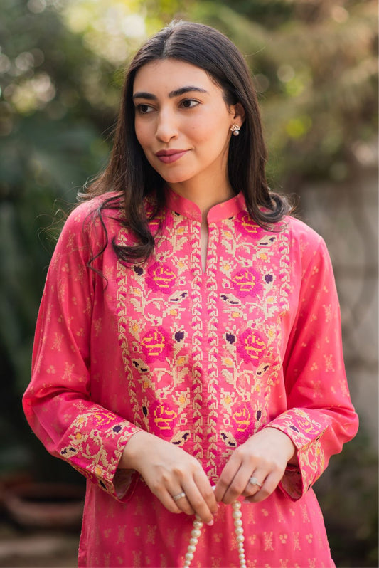Pink Embroidered Jacquard Lawn Kurta with Pants