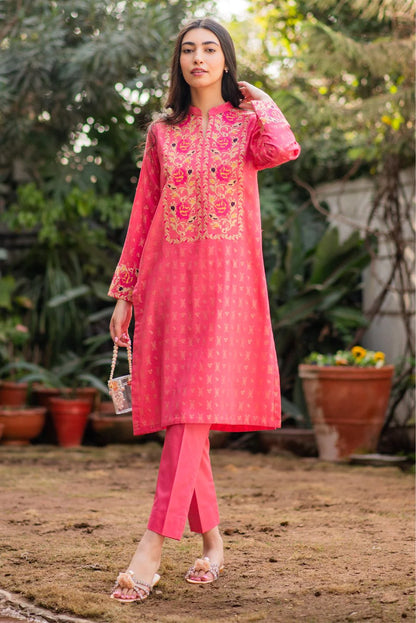 Pink Embroidered Jacquard Lawn Kurta with Pants