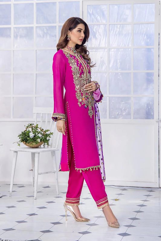 Royal Pink Hand Embroidered Chiffon Pret